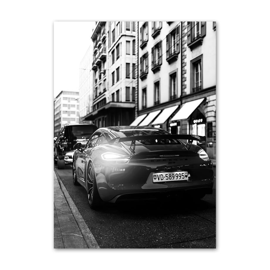 Black and White Paris Champs Elysees Luxury Shop Race Car Canvas Art