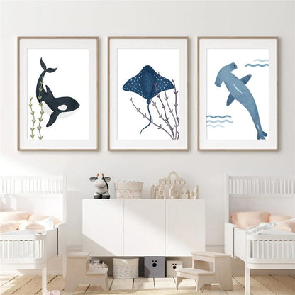 Whale Dolphin Sea Turtle Fish Coral Nursery Room Canvas Art