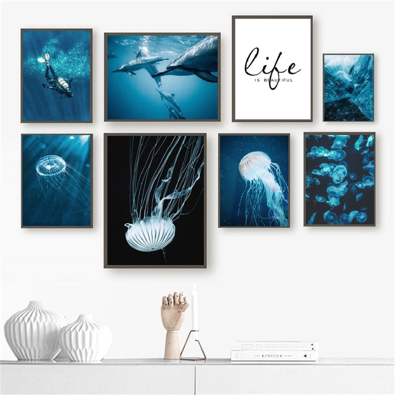 Dolphin Jellyfish Turtle Ocean Canvas Art