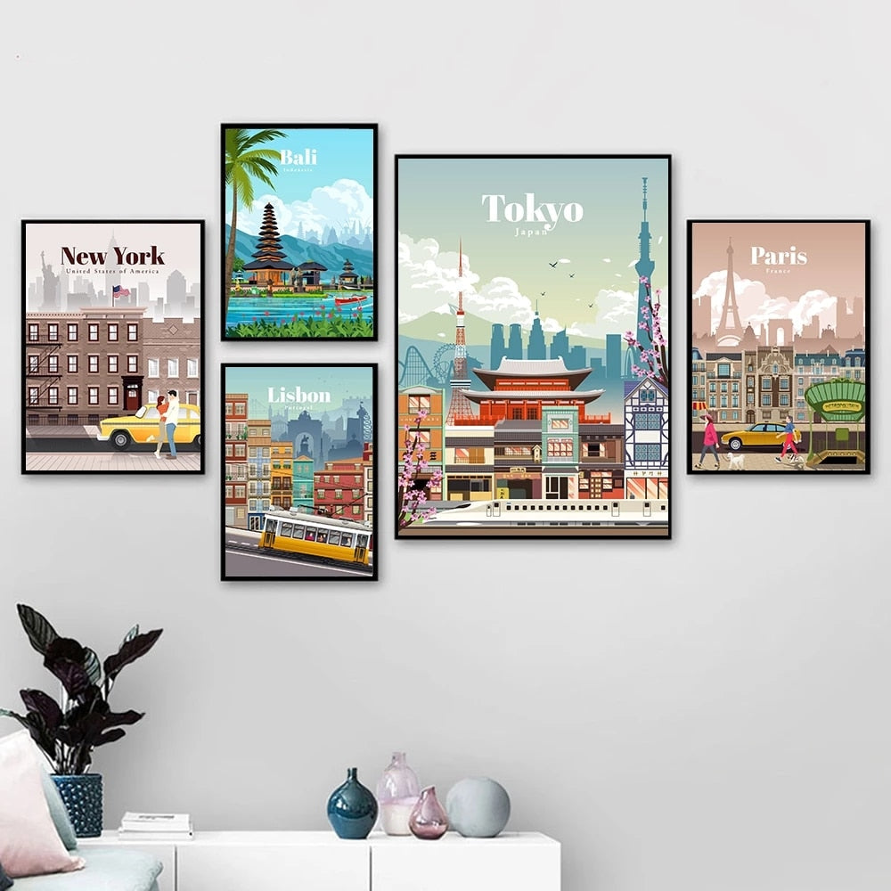 Famous City Travel Bali London Tokyo Canvas Art