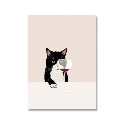 Funny Cute Cat Drink Red Wine Wall Art Canvas