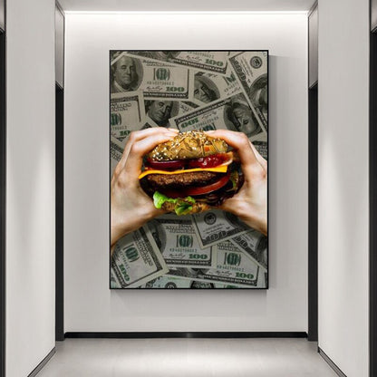 Keep Hungry Hamburger Dollar Bills Canvas Art