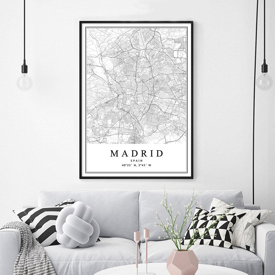 Spain City Map Barcelona Madrid Malaga Seville Canvas Art