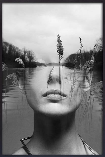 Black and White Women Face with Landscape Canvas Art