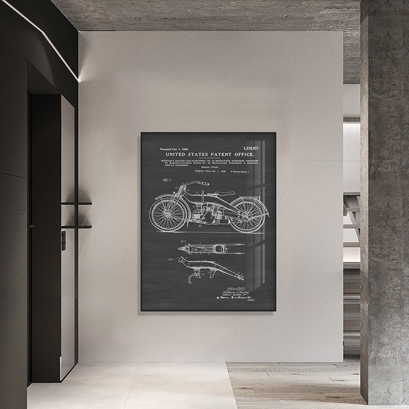 Retro Motorcycle Blueprint Canvas Art