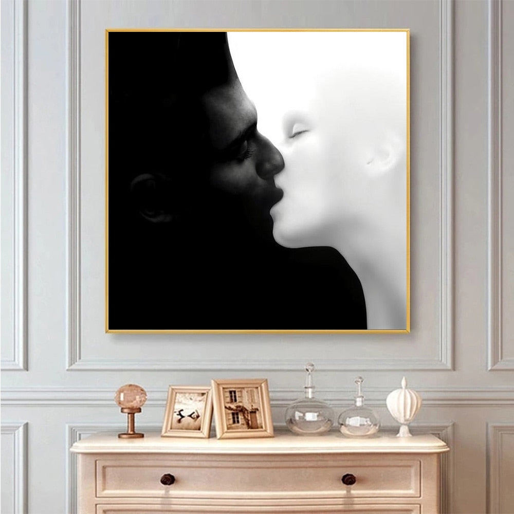 Black and White Lovers Kiss Canvas Art