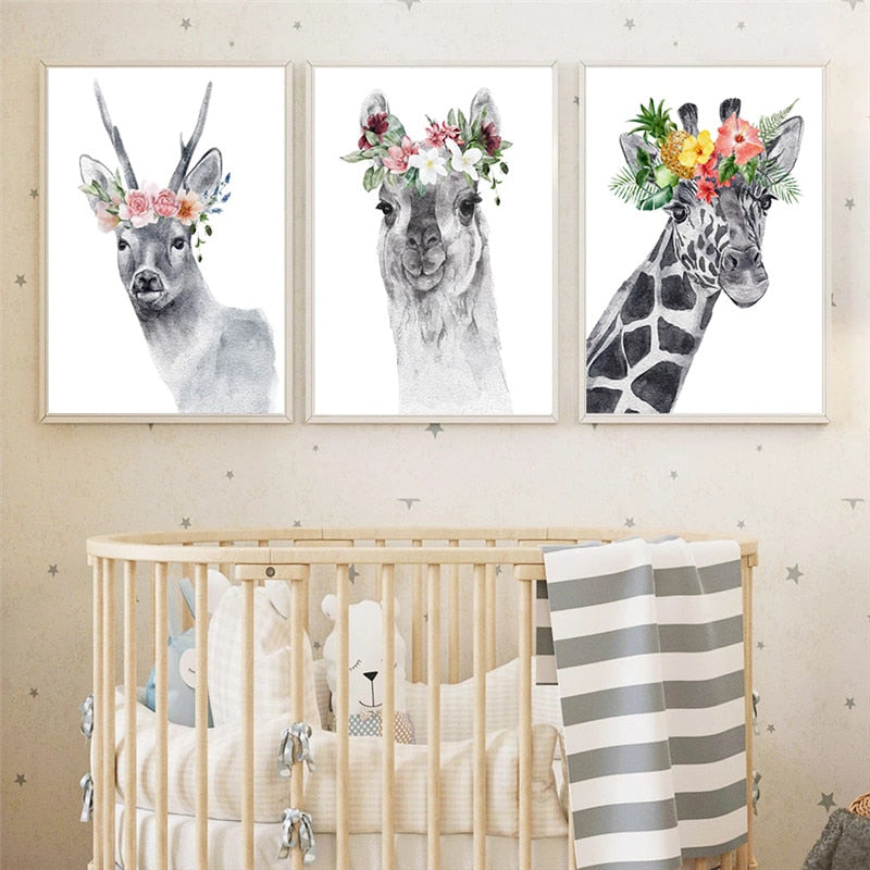 Horse Bunny Llama Giraffe Cat and Flowers Wall Art Canvas