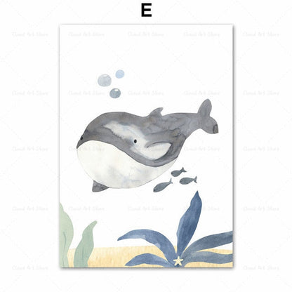 Watercolor Whale Fish Jellyfish Sea Turtle Nursery Wall Art Canvas