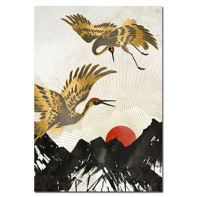 Chinese Style Golden Crane Canvas Art