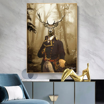 Animal Suit Deer in Foggy Forest Canvas Art