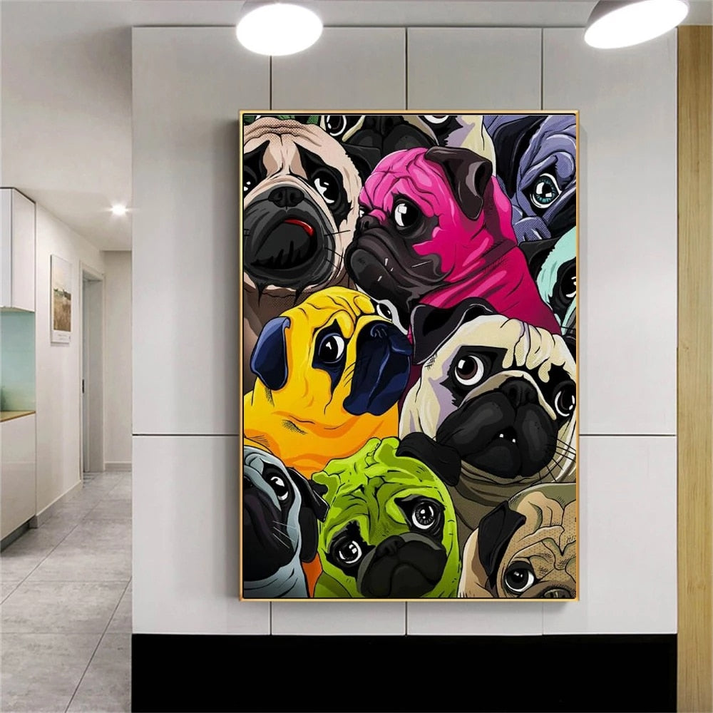 Cute Colorful Pugs Canvas Art