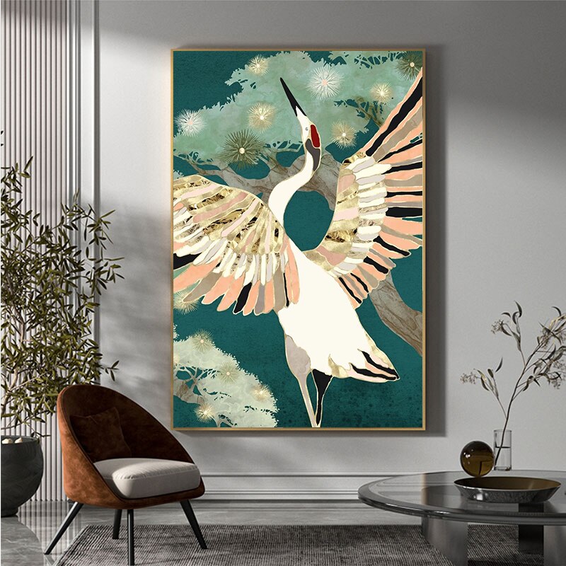 Chinese Style Golden Crane Canvas Art