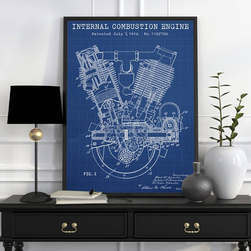 Internal Combustion Engine Blueprint Patent Canvas Art