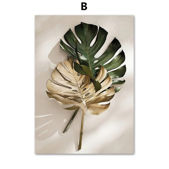 Abstract Golden Leaves Monstera Wall Art Canvas