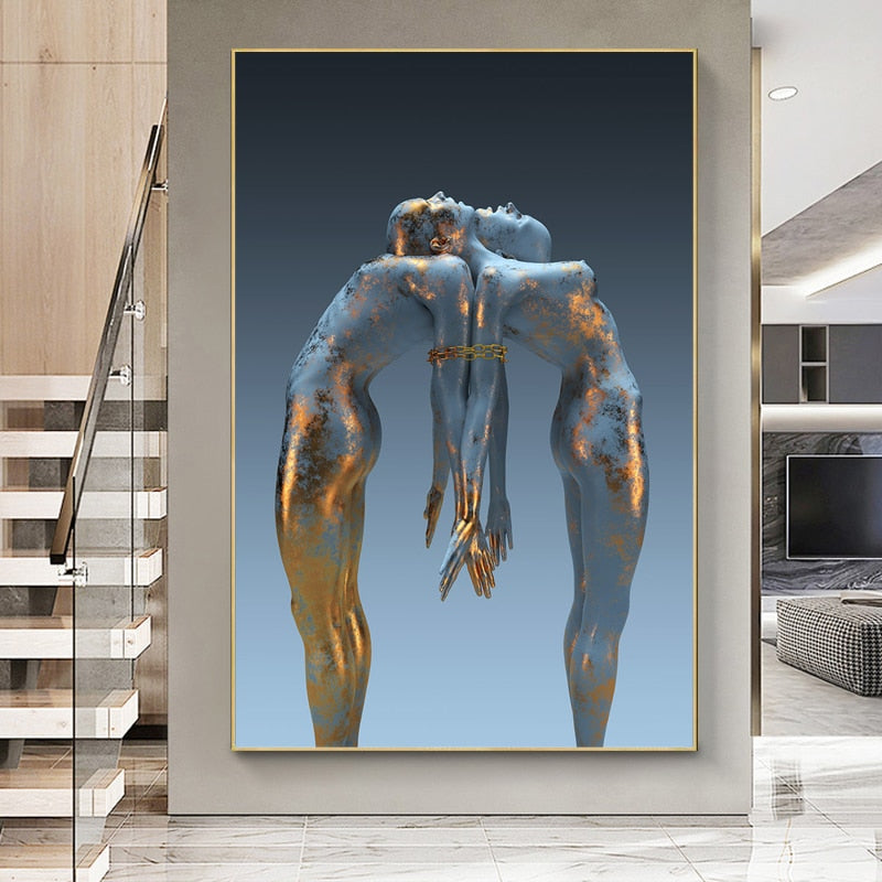 Blue Gold Naked Couple Canvas Art