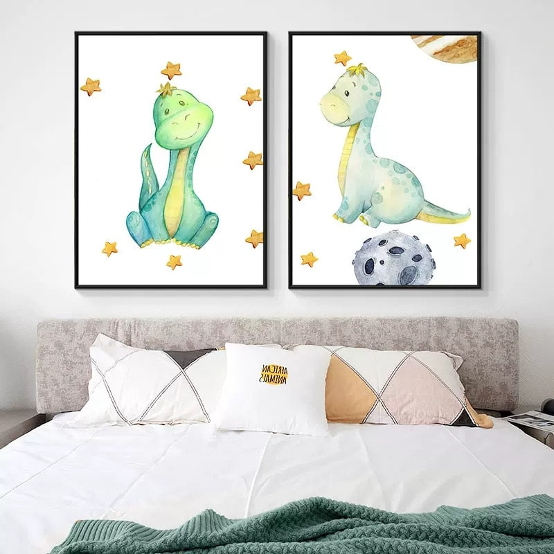 Cartoon Cute Colorful Dinosaur Nursery Wall Art Canvas