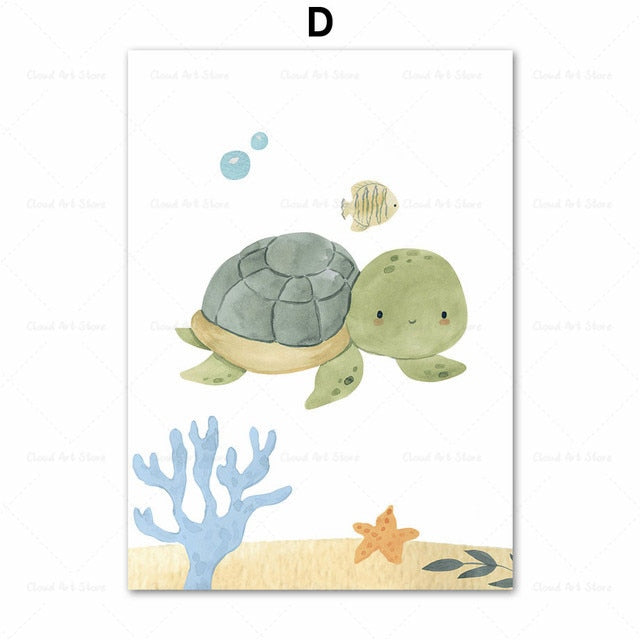 Watercolor Whale Fish Jellyfish Sea Turtle Nursery Wall Art Canvas