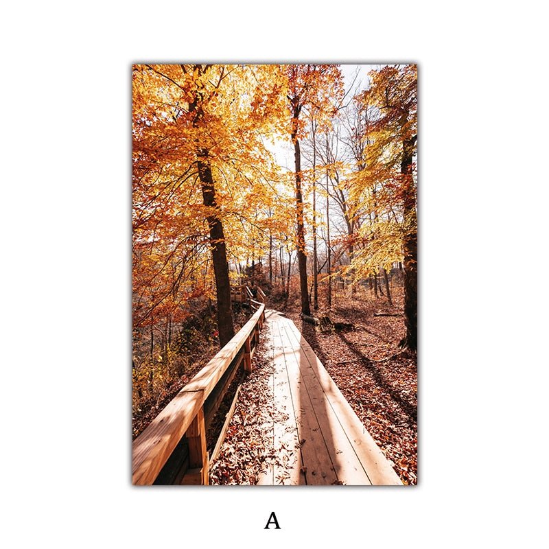 Late Autumn Arch Bridge Forest Hut Leaves Canvas Art