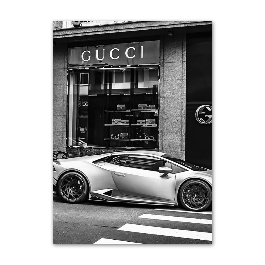 Black and White Paris Champs Elysees Luxury Shop Race Car Canvas Art