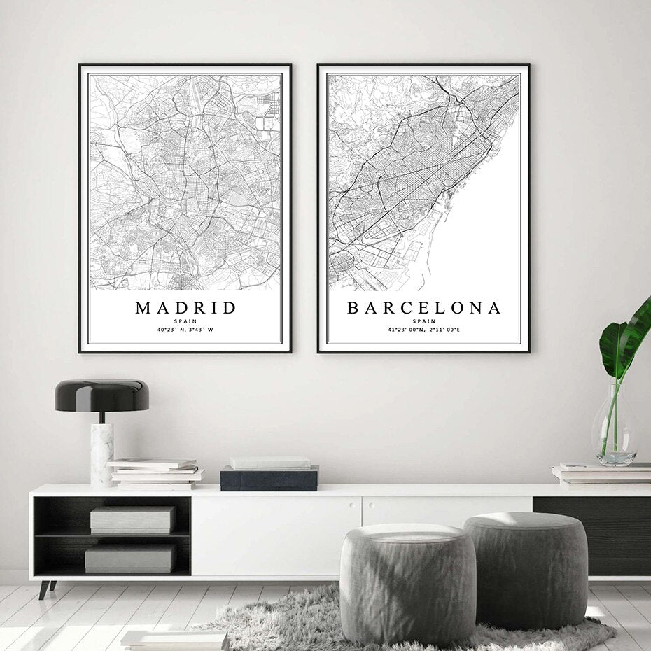 Spain City Map Barcelona Madrid Malaga Seville Canvas Art