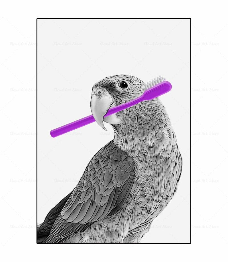 Black and White Animal Brushing Teeth Canvas Art