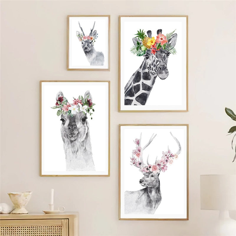 Horse Bunny Llama Giraffe Cat and Flowers Wall Art Canvas