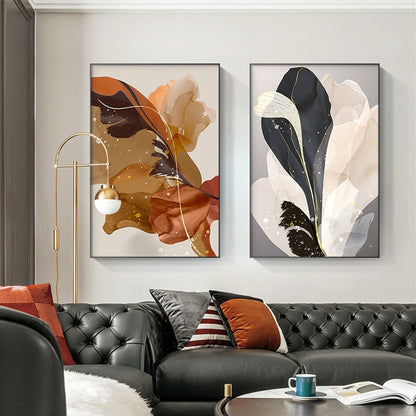 Abstract Beige Brown Gray Feather Flowers Canvas Art