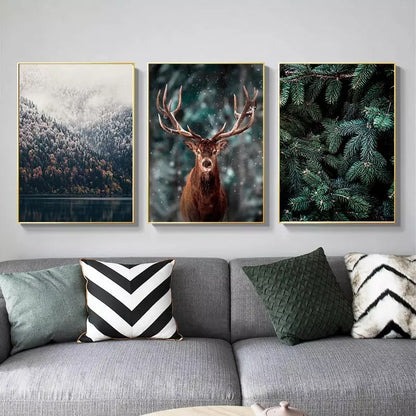 Nature Snow Fog Forest Deer Canvas Art