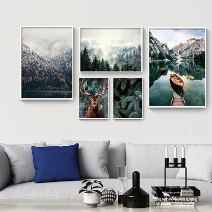 Nature Snow Fog Forest Deer Canvas Art