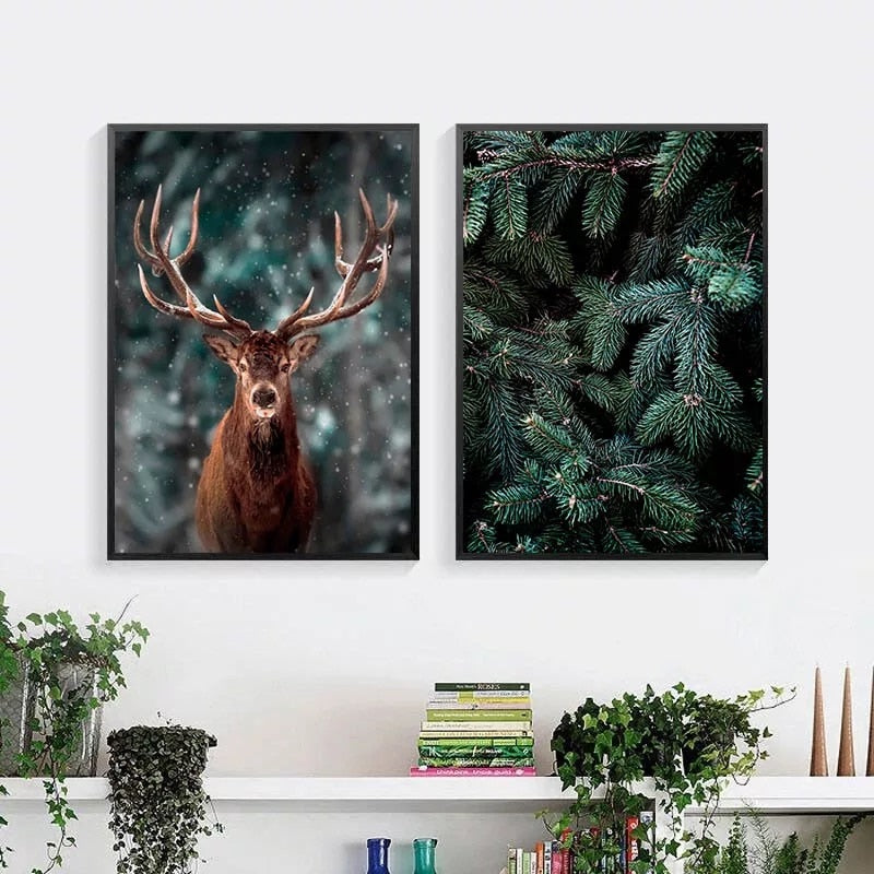 Nature Snow Fog Forest Deer Canvas Art