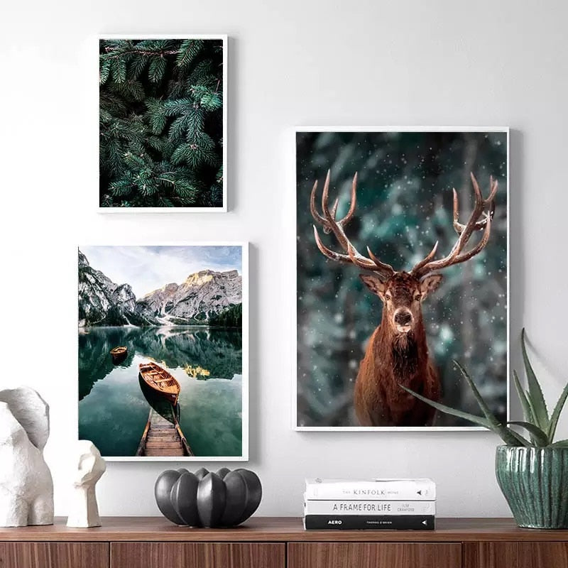 Nature Snow Fog Forest Deer Canvas Art