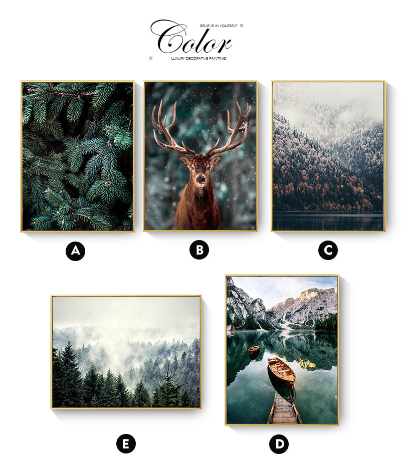 Nature Snow Fog Forest Deer Canvas Art